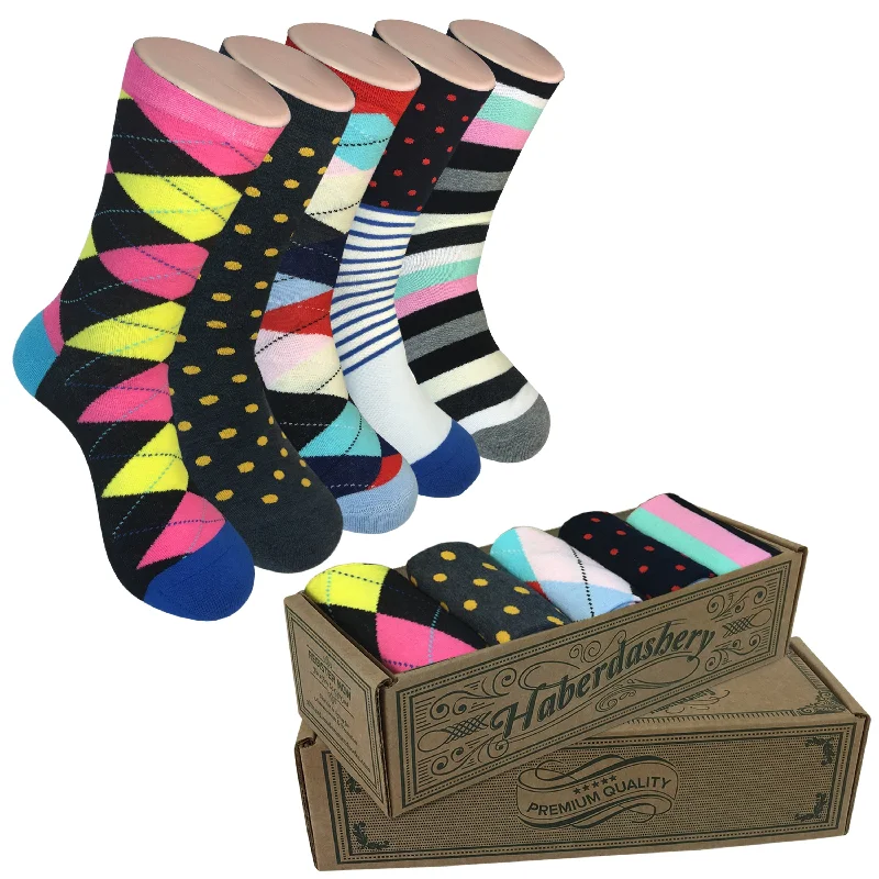 Trendy polka-dot crew socks-5 Pair Mens Funky Fun Colorful Socks-Hipster Power Socks-Premium Cotton Socks