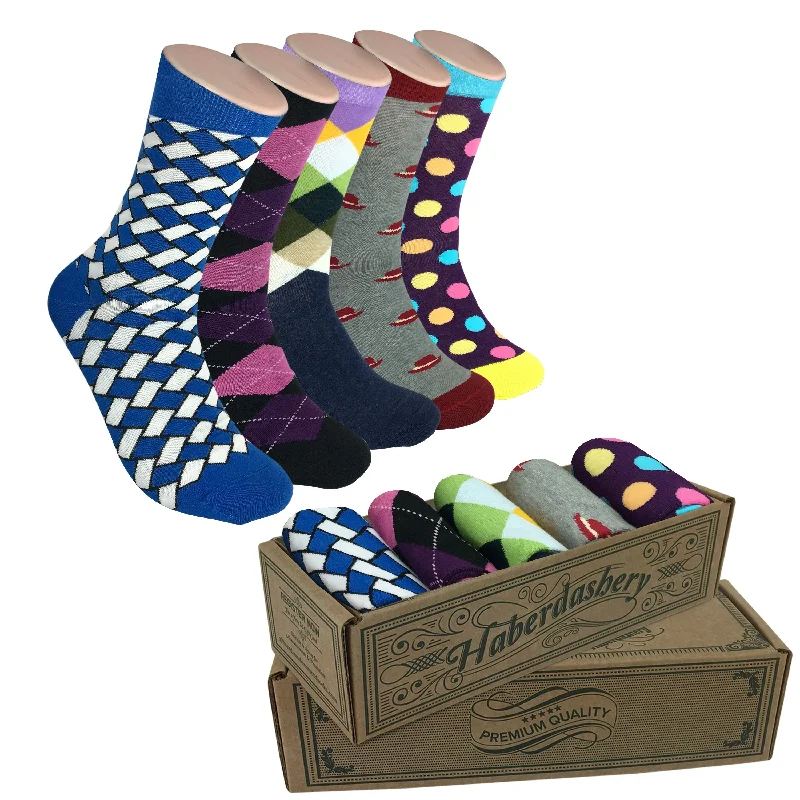 Stylish jacquard crew socks-5 Pair Mens Funky Fun Colorful Socks-Hipster Power Socks-Premium Cotton Socks