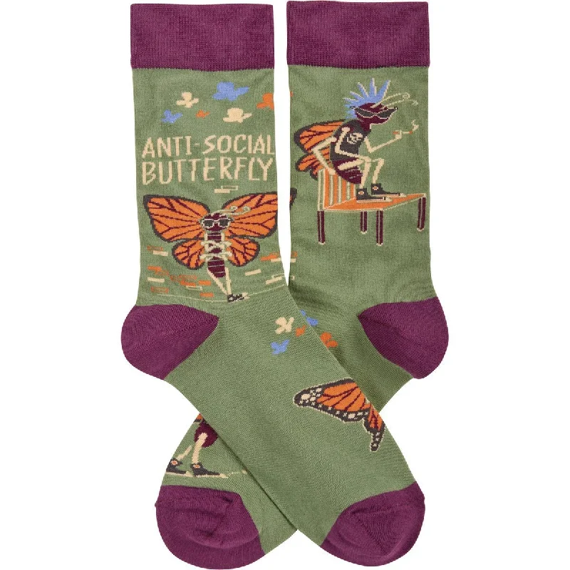 Soft cashmere blend socks-Anti-Social Butterfly Funny Socks in Purple | Unisex