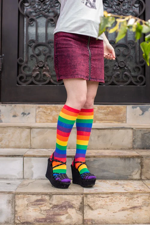 Quick-dry cycling socks-Classic Rainbow Striped Knee High