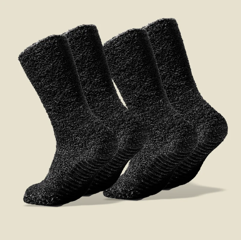 Warm chunky knit socks-Dark Grey Fuzzy Socks with Grips for Women x2 Pairs