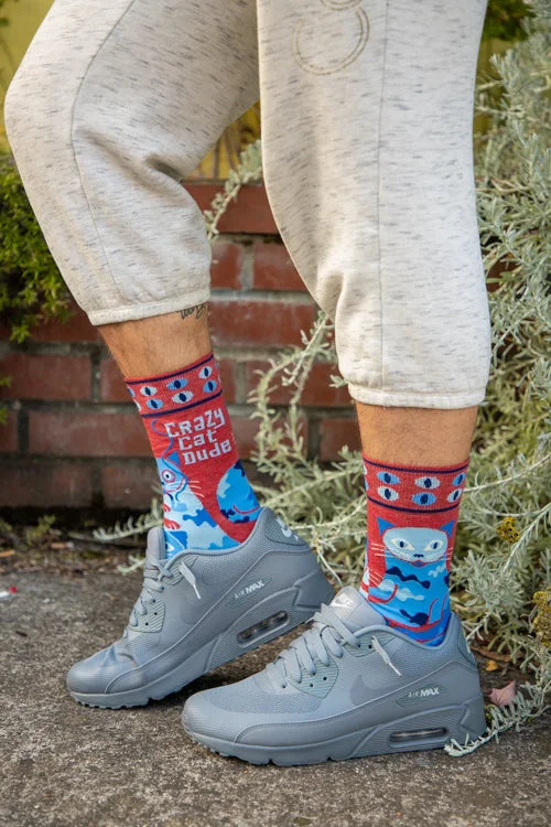 Colorful graphic novelty socks-Crazy Cat Dude Crew