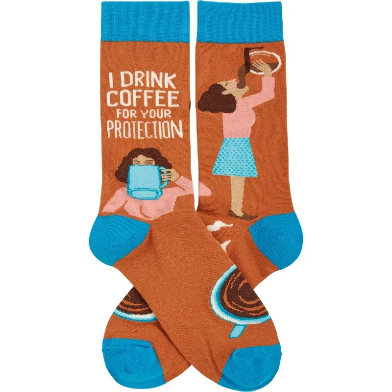 Durable gym crew socks-I Drink Coffee For Your Protection Funny Socks in Aqua Blue and Brown | Unisex