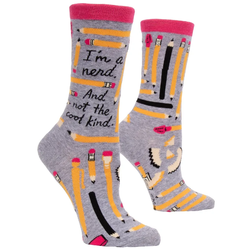 Trendy geometric print socks-I'm A Nerd and Not the Cool Kind Women's Crew Socks in Heather Gray and Pink | BlueQ at GetBullish