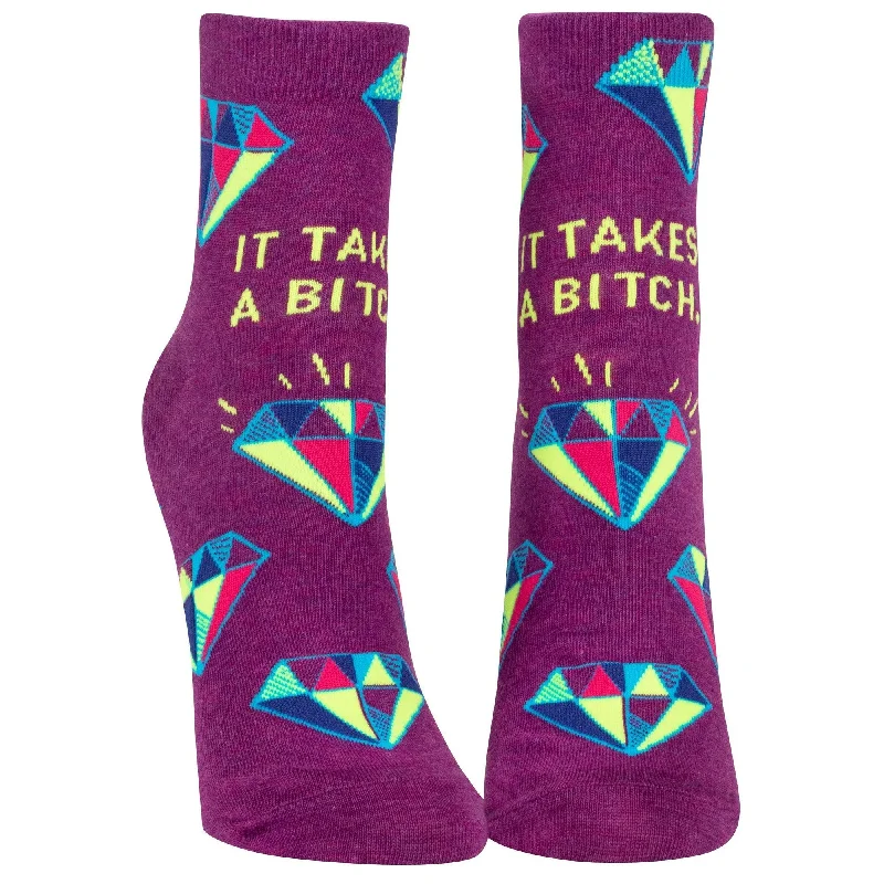 Anti-odor sports socks-It Takes a Bitch Women's Ankle Socks | Purple with Diamond Motif | BlueQ at GetBullish