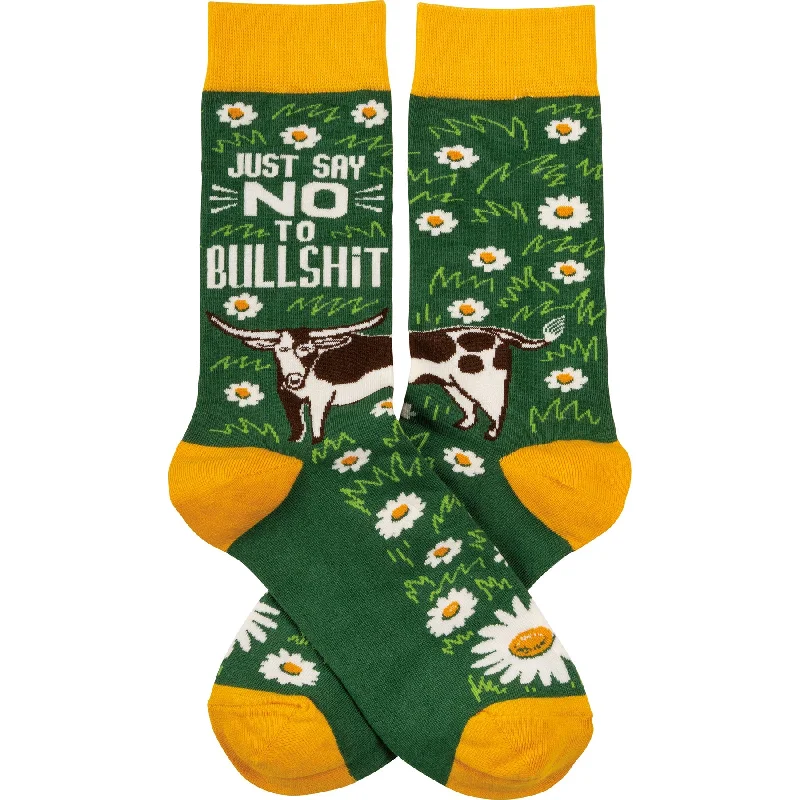 Organic hemp casual socks-Just Say No To Bullshit Funny Socks in Green and Yellow | Unisex