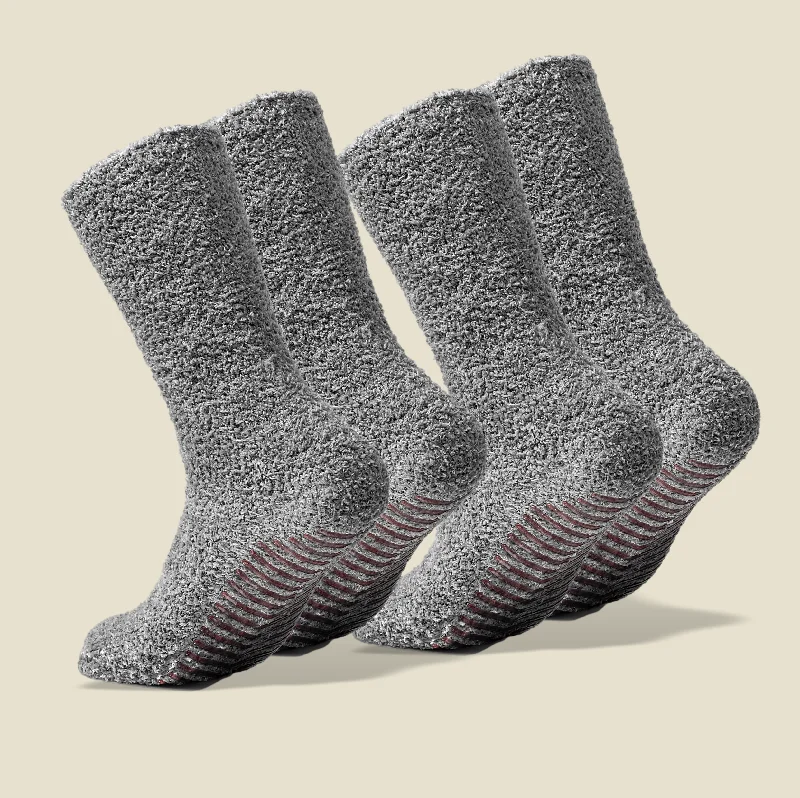 Trendy zigzag print socks-Light Grey Fuzzy Socks with Grips for Women x2 Pairs