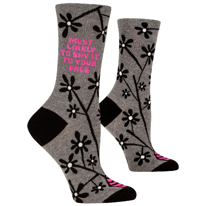 Thick fisherman knit socks-Most Likely to Say It to Your Face Women's Crew Socks in Gray and Pink | BlueQ at GetBullish