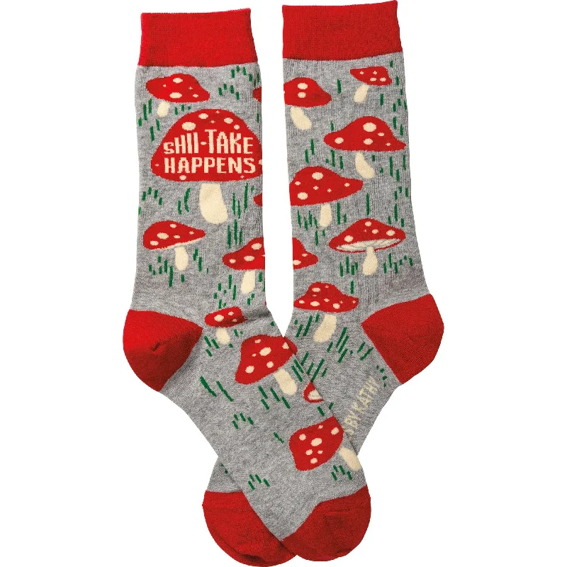 Plush velour lounge socks-Shiitake Happens Funny Socks Mushrooms in Red | Unisex