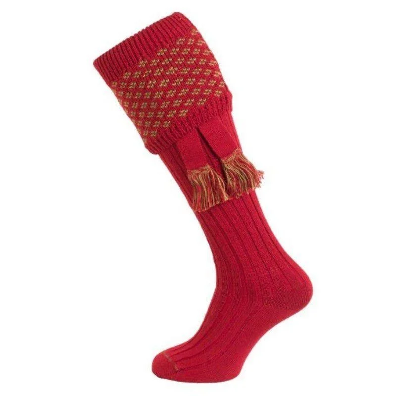 Warm flannel-lined socks-William Powell Boughton Mens Merino Shooting Socks with Garters - Brick Red/Moss