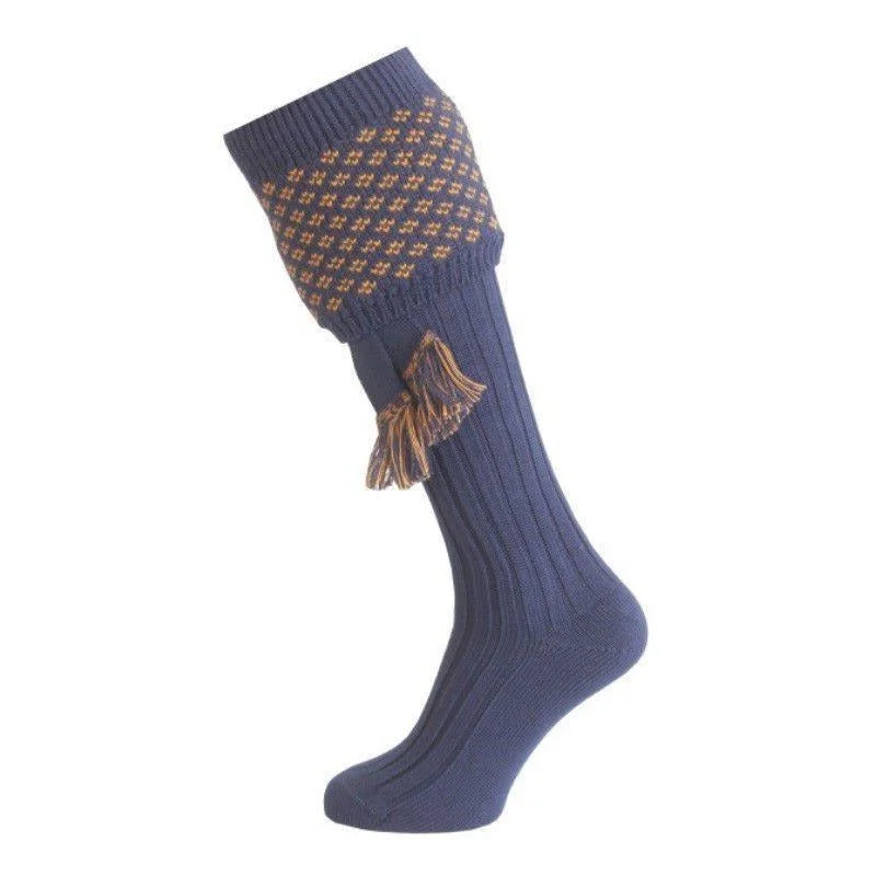 Quick-dry trail socks-William Powell Boughton Mens Merino Shooting Socks with Garters - Navy/Ochre