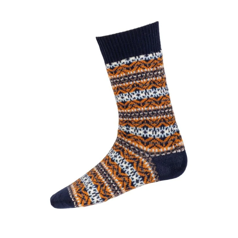 Trendy chevron crew socks-William Powell Fairisle Mens Merino Socks - Navy