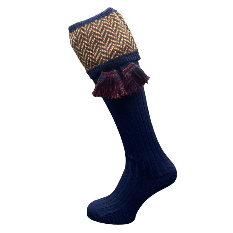 Men’s cushioned running socks-William Powell Herringbone Mens Merino Mix Shooting Socks with Garters  - Navy