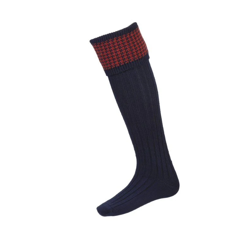 Soft mohair blend socks-William Powell Houndstooth Mens Merino Shooting Socks - Navy