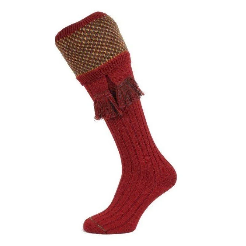 Thin moisture-wick socks-William Powell Tayside Mens Merino Shooting Socks with Garters - Brick Red