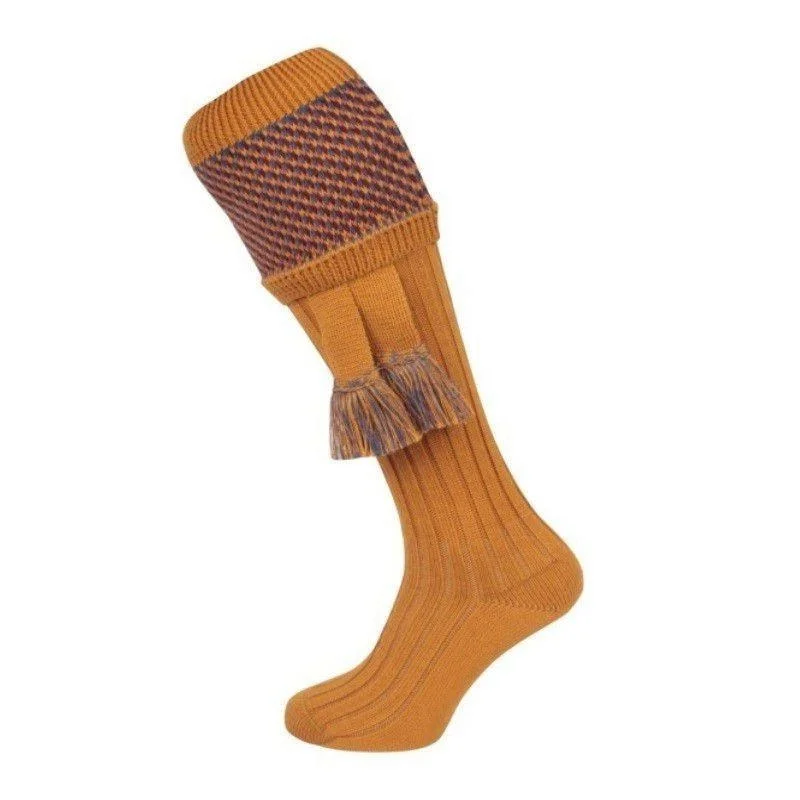 Trendy geometric print socks-William Powell Tayside Mens Merino Shooting Socks with Garters - Ochre