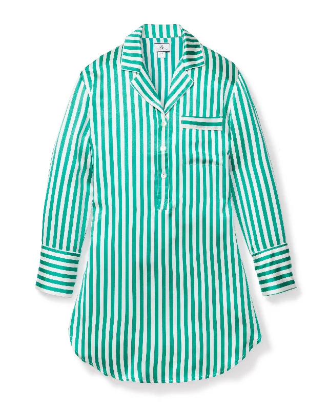 Women’s cozy fleece robe-Women's Mulberry Silk Green Stripe Nightshirt