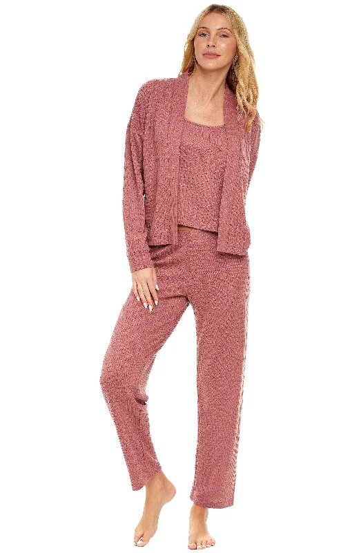 Women’s soft cotton sleepwear-Women's Knit Cardigan Sleepwear Set- Hip Length Jacket, Cami Top and Pajama Pants