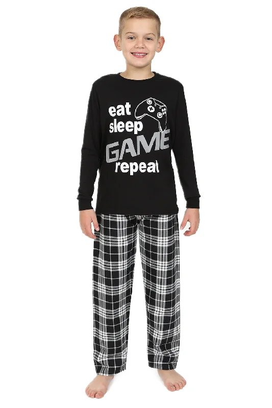 Women’s breathable velour sleepshirt-Boys Eat Sleep Game Repeat Black Long Pyjamas