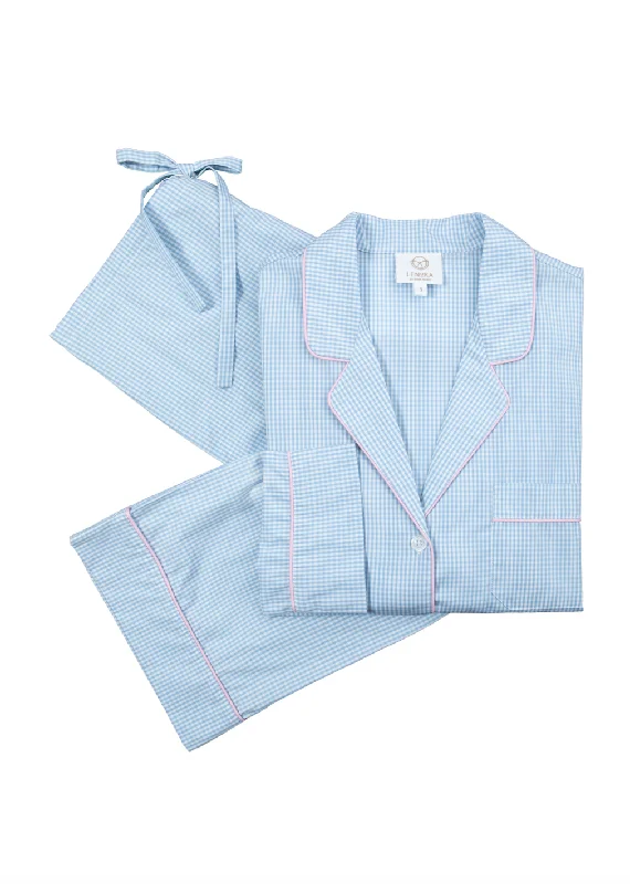 Women’s short-sleeve fleece sleepshirt-Classic Pajama Blue Gingham