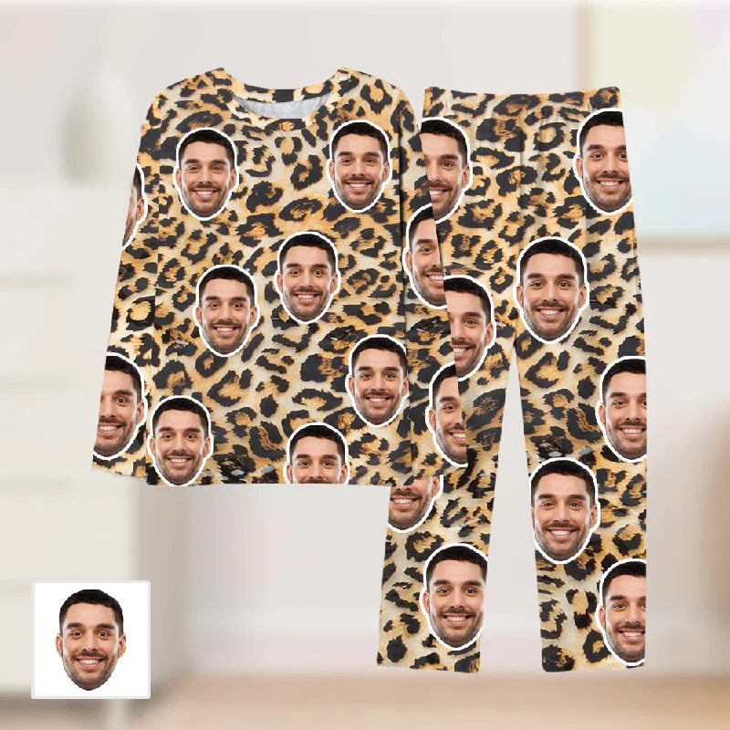 Women’s bold print sleep set-Custom Face Leopard Men Woman Pajamas Sleepwear Sets Personalized Gifts for Him Her