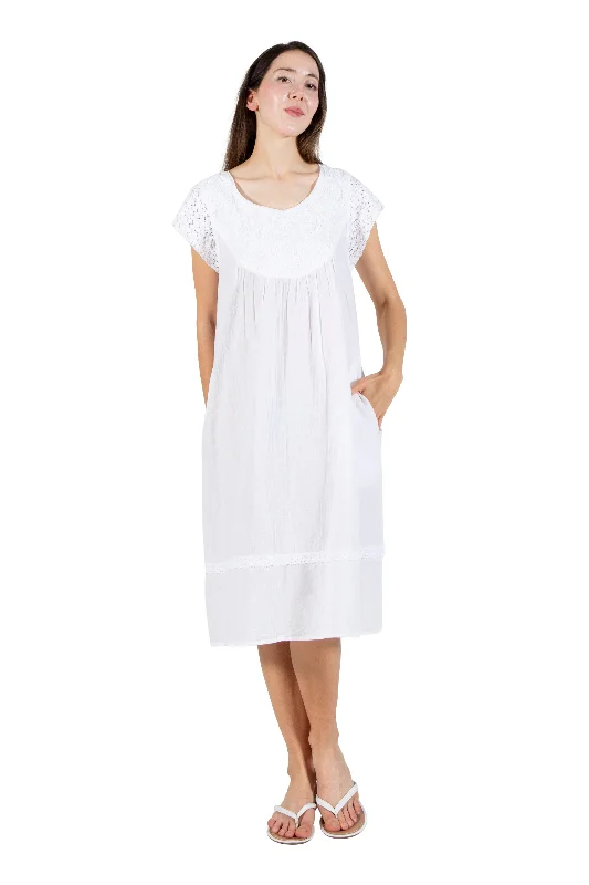 Women’s organic bamboo pajamas-Embroidered Cotton Gauze Nightgown