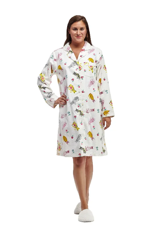 Women’s cozy modal nightgown-Flannel Cat Print Sleep Shirt