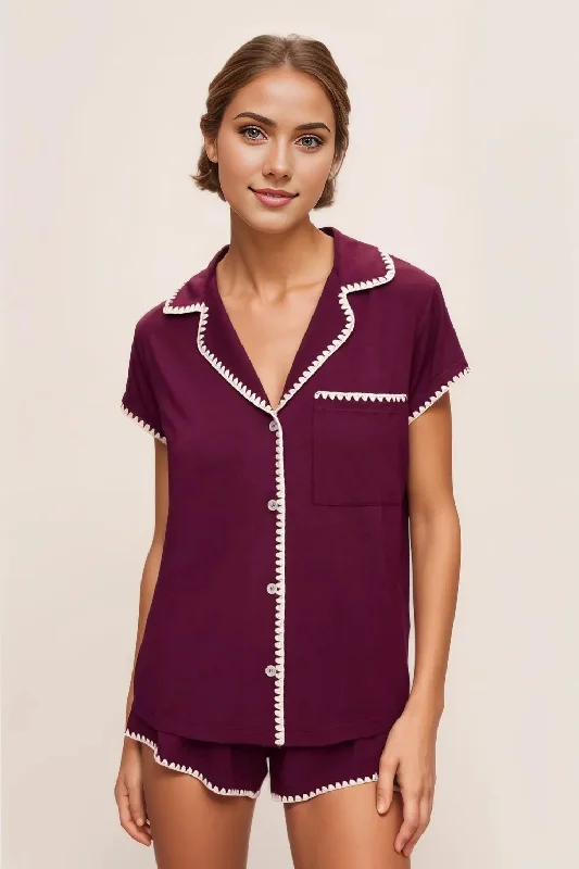 Women’s soft jersey robe-Frida Shortie PJ Set in Plum/Ivory