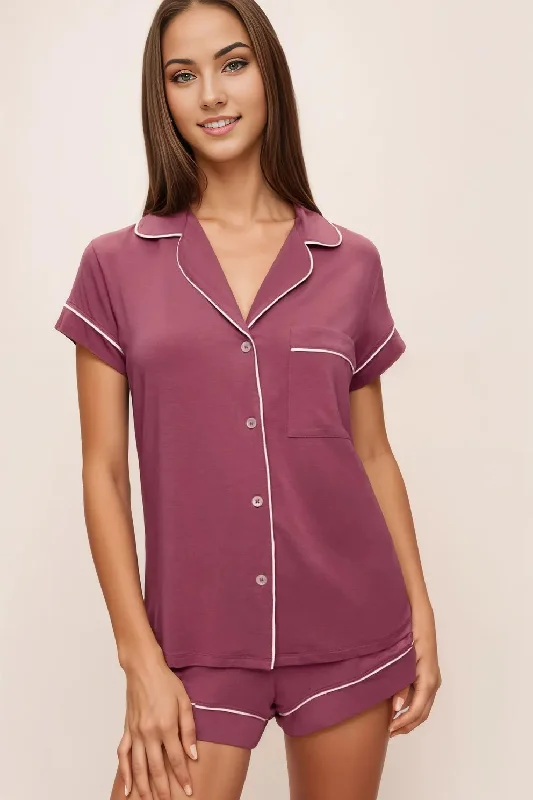 Women’s scalloped modal sleepshirt-Gisele Shortie PJ Set in Raspberry/Ivory