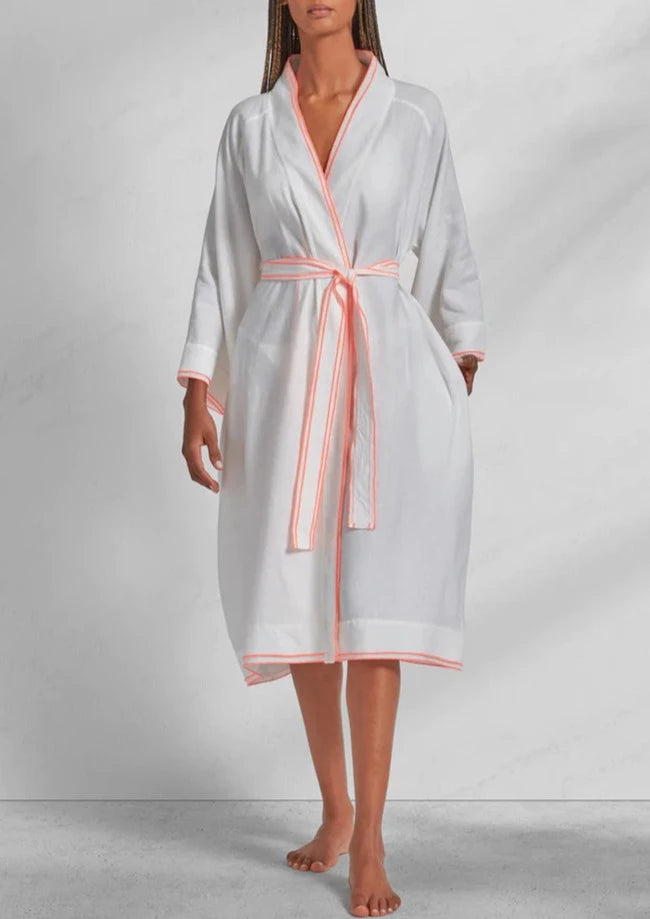 Women’s short-sleeve pajama set-Linen Bamboo with Neon Stitch Bathrobe