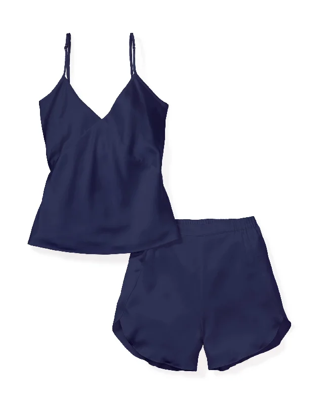 Women’s delicate lace sleepshirt-Women's Navy Silk Camisole Short Set