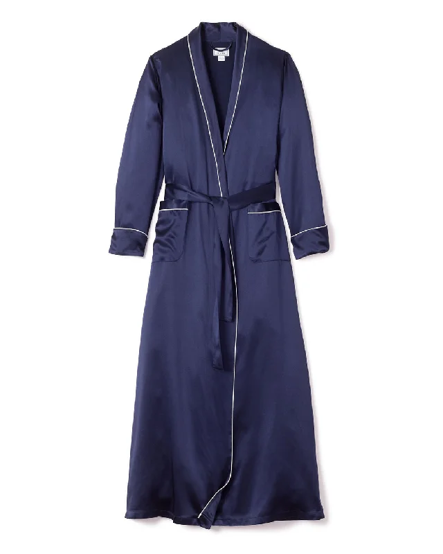 Women’s lightweight bamboo pajamas-Women's Navy Silk Long Robe