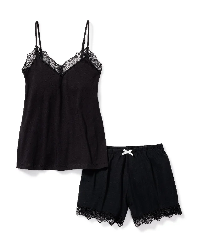 Women’s comfy satin pajamas-Women's Pima Black Lace Short Set