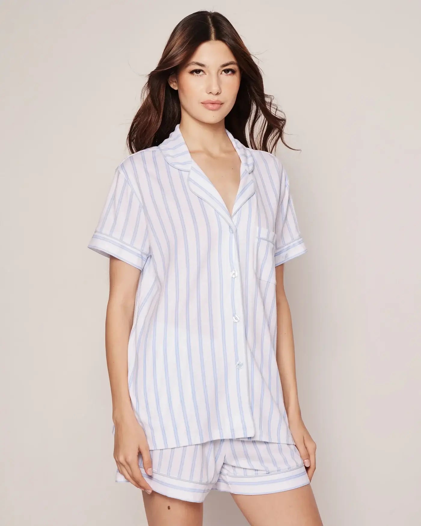 Women’s lightweight lace sleep set-Pima Pajama Short Set in Periwinkle Stripe