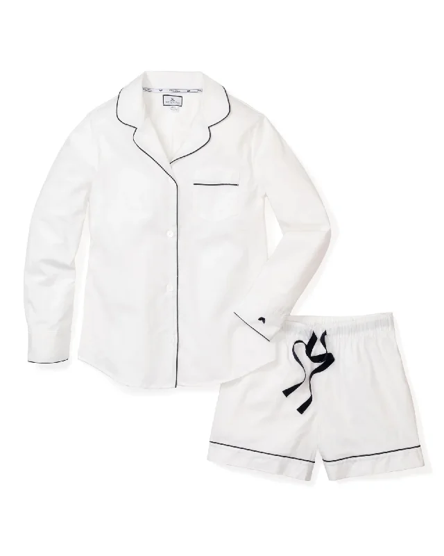 Women’s short-sleeve pajama set-Women's White Long Sleeve Short Set with Navy Piping