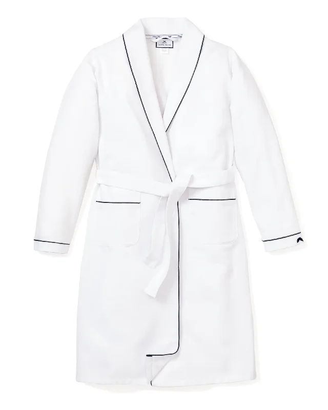 Women’s cotton blend pajama set-Women's White Robe with Navy Piping