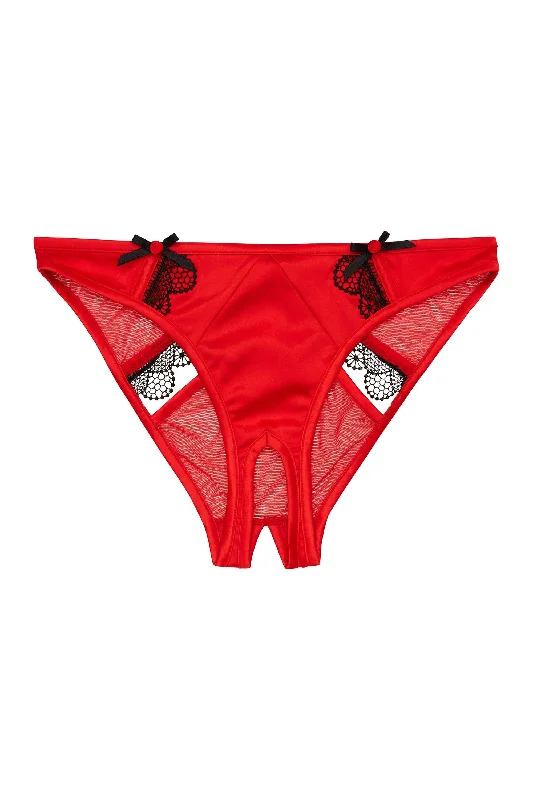 Women’s floral seamless briefs-Arlene Curve Red Satin Black Lace Ouvert Brief