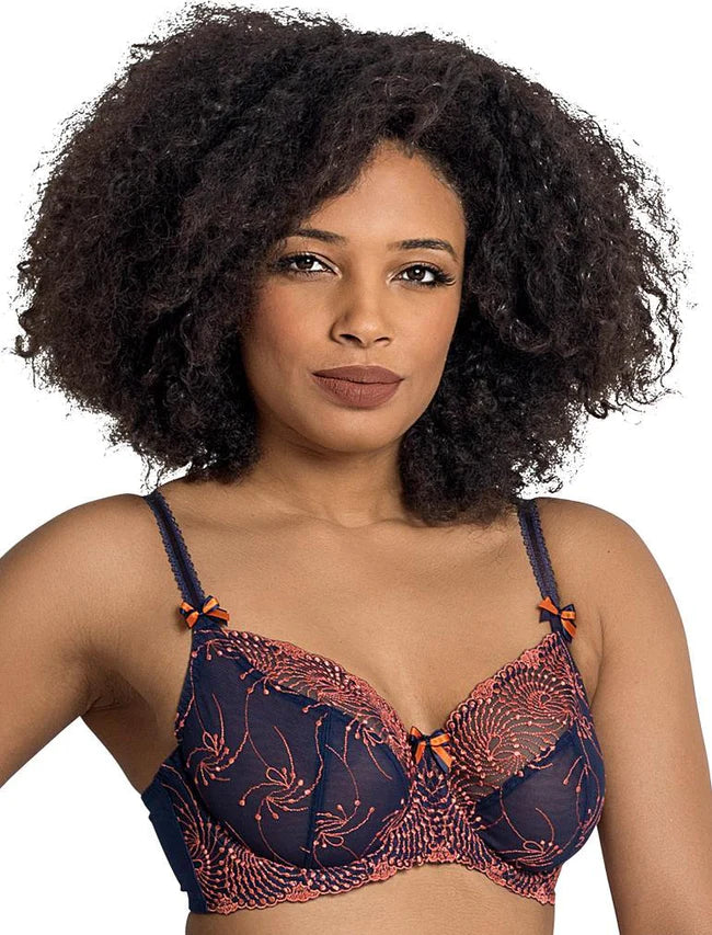 Women’s smooth microfiber bikini-Fit Fully Yours Nicole See-Thru Lace Underwire/Navy Coral Bra (#B2271)