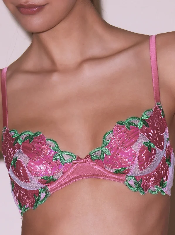 Women’s trendy striped briefs-Fleur du Mal: Strawberry Embroidery Denim Bra - Pink