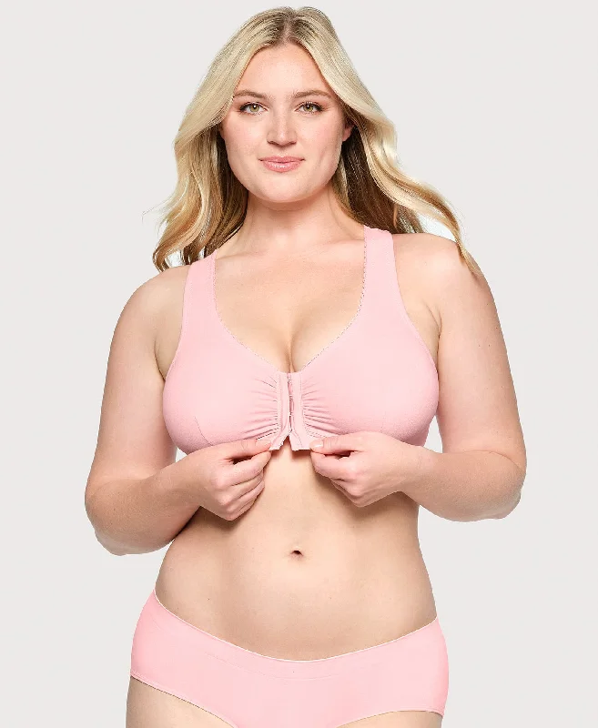 Women’s cozy bamboo underwear-Front-Closure Cotton T-Back Comfort Bra Pink Blush