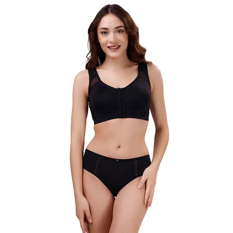 Women’s seamless hipster underwear-Front Closure Full Coverage Non Padded Non Wired Bra with High Waist Full Coverage Ultra Soft Mesh Panel Brief- Set CB-334/ CP-1328