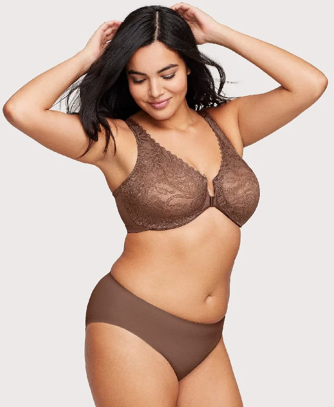 Women’s soft jersey panties-Front-Closure Stretch Lace WonderWire Bra Mocha