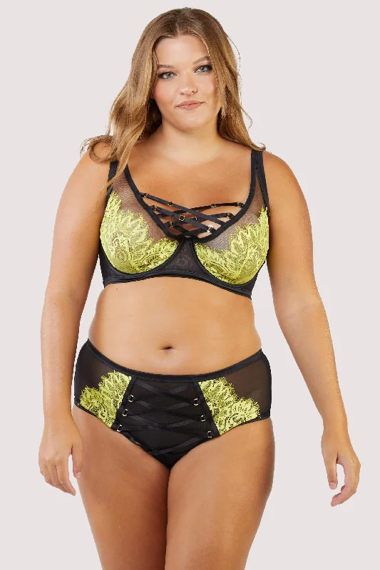 Women’s polka-dot lace briefs-Kylie Black/Lime Lace Up High Waist Knicker