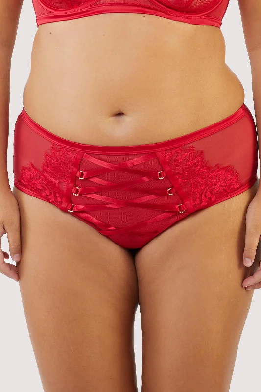 Women’s glossy satin bikini-Kylie Red Lace Up High Waist Knicker