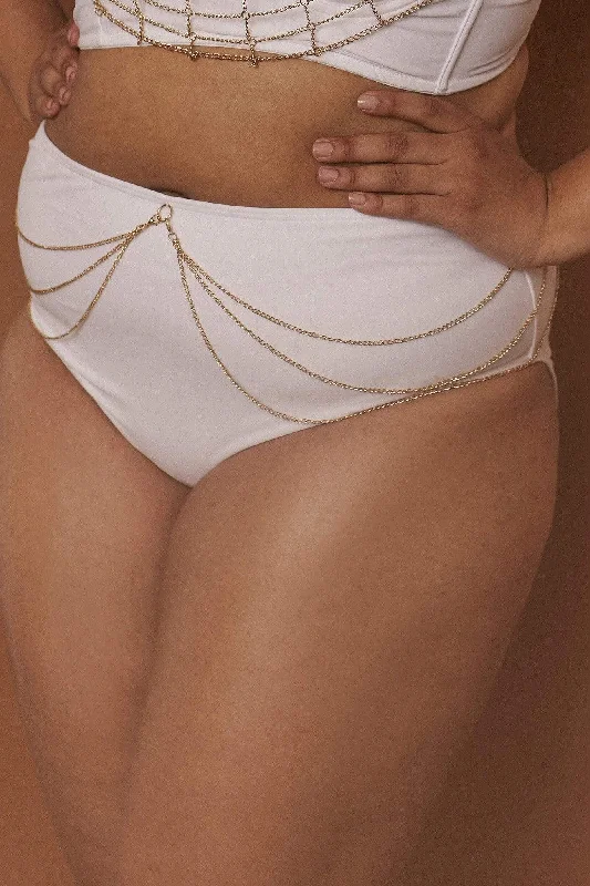 Women’s glossy microfiber bikini-Goldie White high waist bikini brief with removable chain curve