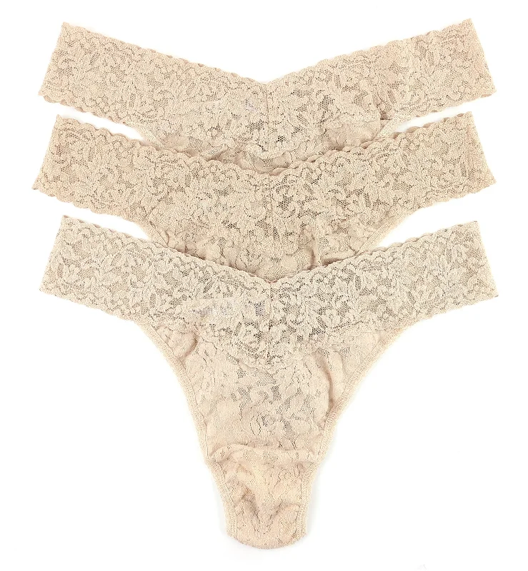 Women’s stretchy high-cut briefs-Hanky Panky 3-PACK Signature Lace Original Rise Thong (48113PK) - All Chai