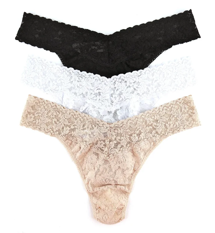 Women’s quick-dry sports panties-Hanky Panky 3-PACK Signature Lace Original Rise Thong (48113PK) - Black/White/Chai