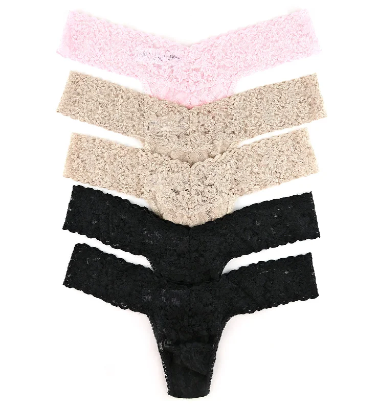 Women’s silky cheeky thong-Hanky Panky 5-PACK Signature Lace Low Rise Thong (49115PK) - Black/Chai/Bliss Pink