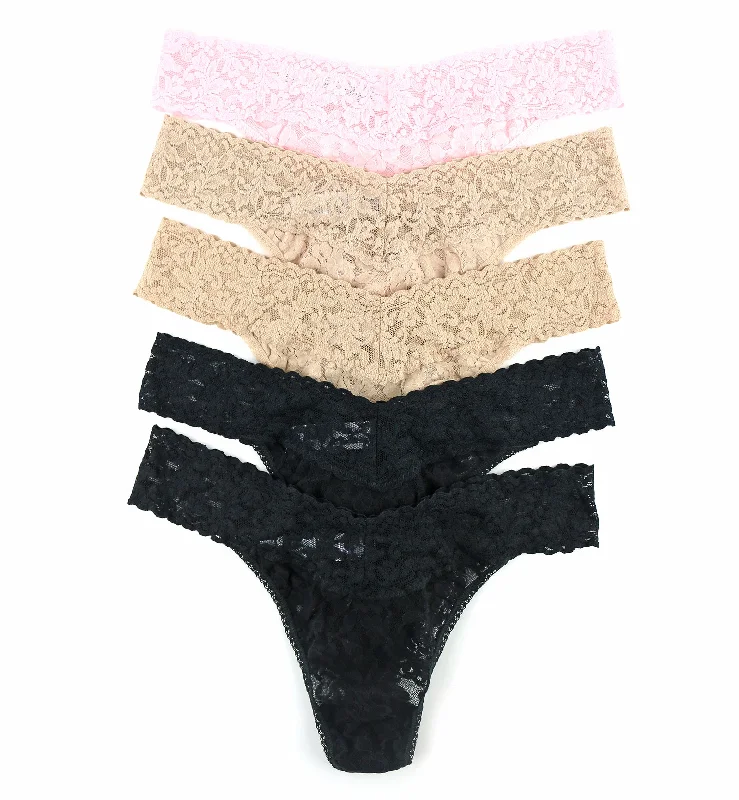 Women’s organic cotton briefs-Hanky Panky 5-PACK Signature Lace Original Rise Thong (48115PK) - Black/Chai/Bliss Pink