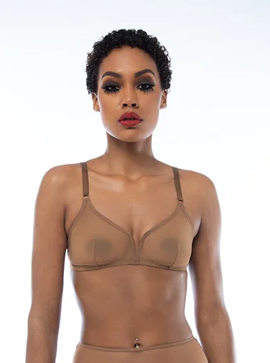 Women’s glossy seamless bikini-Ownbrown: Plunge V Wire Mesh Bra - Amani